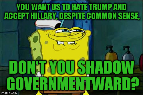 Don't You Squidward | YOU WANT US TO HATE TRUMP AND ACCEPT HILLARY, DESPITE COMMON SENSE, DON'T YOU SHADOW GOVERNMENTWARD? | image tagged in memes,dont you squidward,donald trump,hillary clinton for prison hospital 2016,government corruption,biased media | made w/ Imgflip meme maker