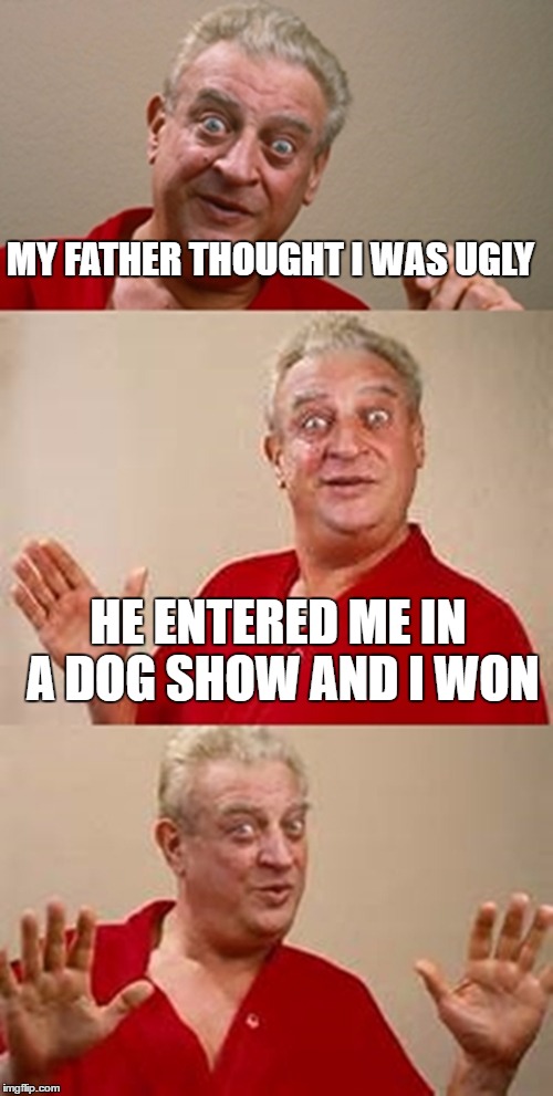bad pun Dangerfield  | MY FATHER THOUGHT I WAS UGLY; HE ENTERED ME IN A DOG SHOW AND I WON | image tagged in bad pun dangerfield | made w/ Imgflip meme maker
