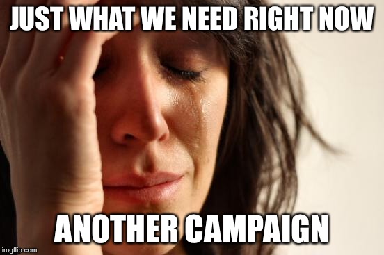 First World Problems Meme | JUST WHAT WE NEED RIGHT NOW ANOTHER CAMPAIGN | image tagged in memes,first world problems | made w/ Imgflip meme maker