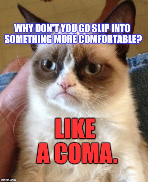 Grumpy Cat Meme | WHY DON'T YOU GO SLIP INTO SOMETHING MORE COMFORTABLE? LIKE A COMA. | image tagged in memes,grumpy cat | made w/ Imgflip meme maker