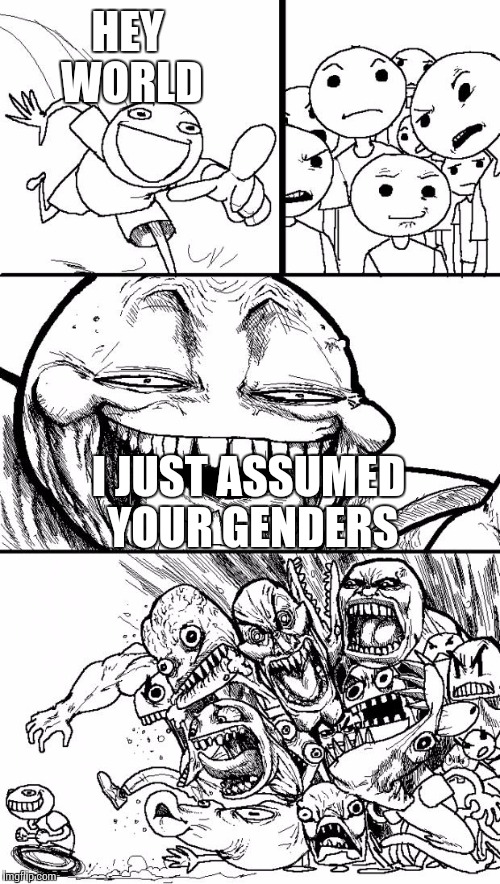 Hey Internet | HEY WORLD; I JUST ASSUMED YOUR GENDERS | image tagged in memes,hey internet | made w/ Imgflip meme maker