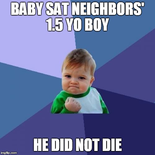 Success Kid Meme | BABY SAT NEIGHBORS' 1.5 YO BOY; HE DID NOT DIE | image tagged in memes,success kid | made w/ Imgflip meme maker