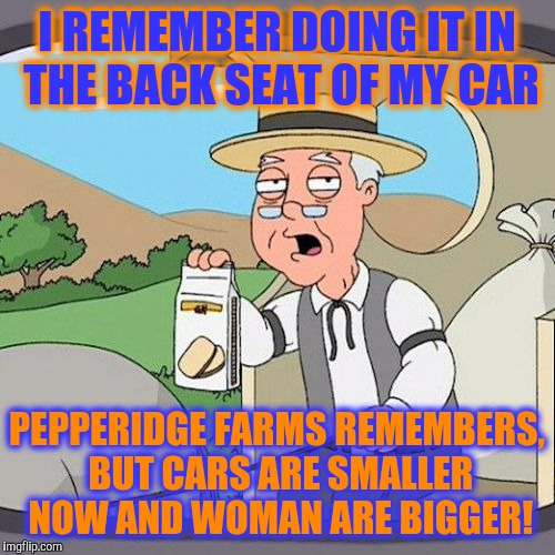 When big cars were cool! | I REMEMBER DOING IT IN THE BACK SEAT OF MY CAR; PEPPERIDGE FARMS REMEMBERS, BUT CARS ARE SMALLER NOW AND WOMAN ARE BIGGER! | image tagged in memes | made w/ Imgflip meme maker