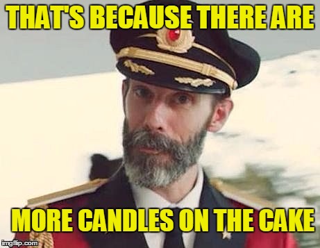 Captain Obvious | THAT'S BECAUSE THERE ARE MORE CANDLES ON THE CAKE | image tagged in captain obvious | made w/ Imgflip meme maker