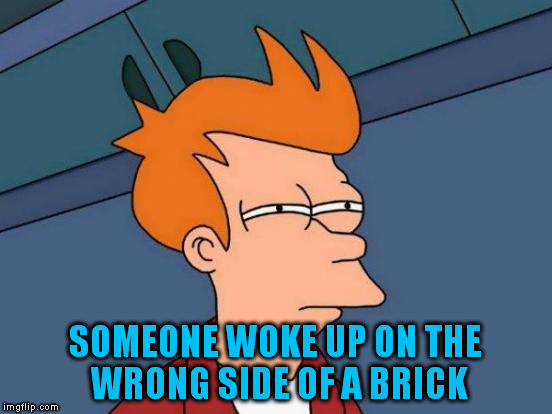 Futurama Fry Meme | SOMEONE WOKE UP ON THE WRONG SIDE OF A BRICK | image tagged in memes,futurama fry | made w/ Imgflip meme maker