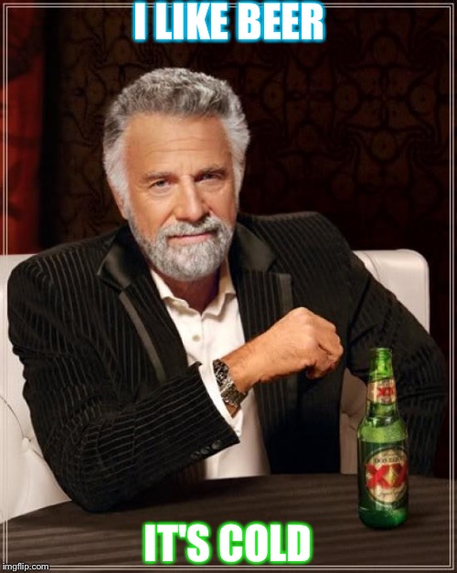 The Most Interesting Man In The World Meme | I LIKE BEER; IT'S COLD | image tagged in memes,the most interesting man in the world | made w/ Imgflip meme maker