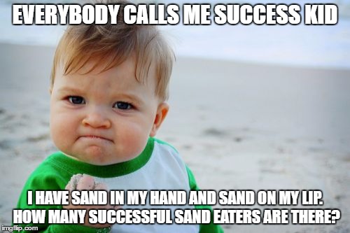 Success Kid Original | EVERYBODY CALLS ME SUCCESS KID; I HAVE SAND IN MY HAND AND SAND ON MY LIP. HOW MANY SUCCESSFUL SAND EATERS ARE THERE? | image tagged in memes,success kid original | made w/ Imgflip meme maker