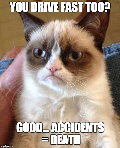 Grumpy Cat Meme | YOU DRIVE FAST TOO? GOOD... ACCIDENTS = DEATH | image tagged in memes,grumpy cat | made w/ Imgflip meme maker