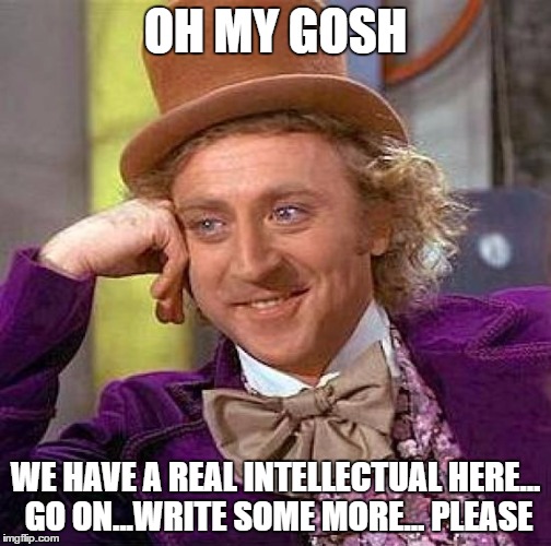 Creepy Condescending Wonka Meme | OH MY GOSH WE HAVE A REAL INTELLECTUAL HERE... GO ON...WRITE SOME MORE... PLEASE | image tagged in memes,creepy condescending wonka | made w/ Imgflip meme maker