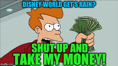 For Linday | DISNEY WORLD GET'S RAIN? SHUT UP AND; TAKE MY MONEY! | image tagged in memes,shut up and take my money fry,disney,happiest place on earth,funny,so true memes | made w/ Imgflip meme maker