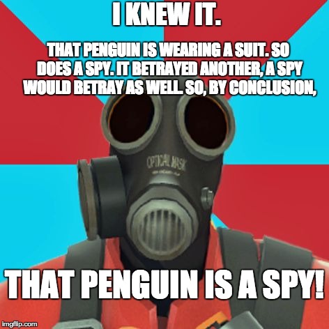 Paranoid Pyro | I KNEW IT. THAT PENGUIN IS WEARING A SUIT. SO DOES A SPY. IT BETRAYED ANOTHER, A SPY WOULD BETRAY AS WELL. SO, BY CONCLUSION, THAT PENGUIN I | image tagged in paranoid pyro | made w/ Imgflip meme maker