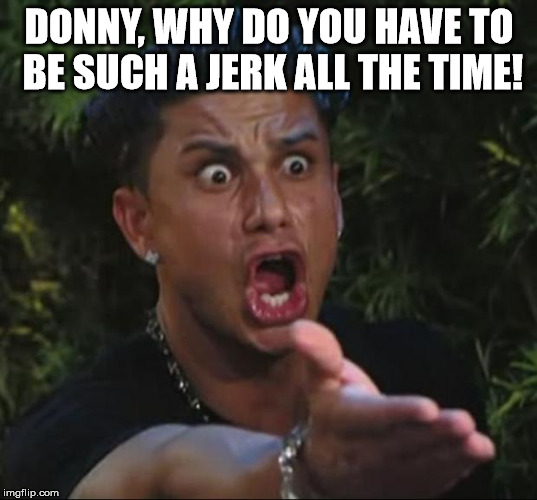 Pauly | DONNY, WHY DO YOU HAVE TO BE SUCH A JERK ALL THE TIME! | image tagged in pauly | made w/ Imgflip meme maker