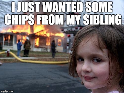 Disaster Girl | I JUST WANTED SOME CHIPS FROM MY SIBLING | image tagged in memes,disaster girl | made w/ Imgflip meme maker