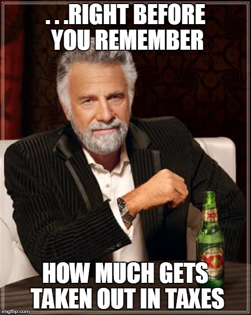 The Most Interesting Man In The World Meme | . . .RIGHT BEFORE YOU REMEMBER HOW MUCH GETS TAKEN OUT IN TAXES | image tagged in memes,the most interesting man in the world | made w/ Imgflip meme maker