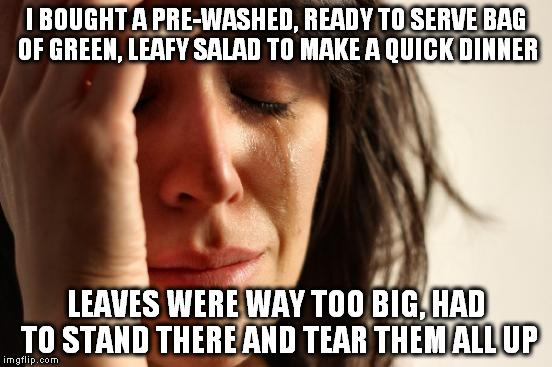 And then it tried to choke me... | I BOUGHT A PRE-WASHED, READY TO SERVE BAG OF GREEN, LEAFY SALAD TO MAKE A QUICK DINNER; LEAVES WERE WAY TOO BIG, HAD TO STAND THERE AND TEAR THEM ALL UP | image tagged in memes,first world problems,food,salad,convenience | made w/ Imgflip meme maker