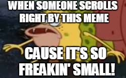 sometimes bigger "IS" better | WHEN SOMEONE SCROLLS RIGHT BY THIS MEME; CAUSE IT'S SO FREAKIN' SMALL! | image tagged in memes,spongegar | made w/ Imgflip meme maker