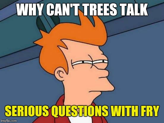Futurama Fry Meme | WHY CAN'T TREES TALK; SERIOUS QUESTIONS WITH FRY | image tagged in memes,futurama fry | made w/ Imgflip meme maker