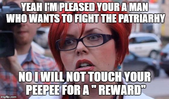 Big Red Feminist | YEAH I'M PLEASED YOUR A MAN WHO WANTS TO FIGHT THE PATRIARHY; NO I WILL NOT TOUCH YOUR PEEPEE FOR A " REWARD" | image tagged in big red feminist | made w/ Imgflip meme maker