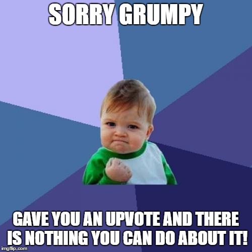 Success Kid Meme | SORRY GRUMPY GAVE YOU AN UPVOTE AND THERE IS NOTHING YOU CAN DO ABOUT IT! | image tagged in memes,success kid | made w/ Imgflip meme maker