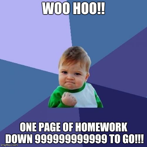 Success Kid Meme | WOO HOO!! ONE PAGE OF HOMEWORK DOWN 999999999999 TO GO!!! | image tagged in memes,success kid | made w/ Imgflip meme maker