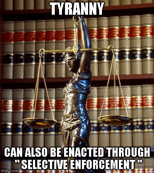 law library books justice tyranny | TYRANNY; CAN ALSO BE ENACTED THROUGH " SELECTIVE ENFORCEMENT " | image tagged in law library books justice tyranny | made w/ Imgflip meme maker