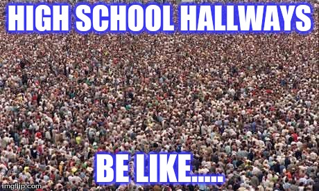 HUGEcrowd | HIGH SCHOOL HALLWAYS; BE LIKE..... | image tagged in hugecrowd | made w/ Imgflip meme maker