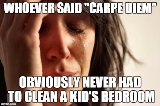 Daily Aphorisms for Moms | WHOEVER SAID "CARPE DIEM"; OBVIOUSLY NEVER HAD TO CLEAN A KID'S BEDROOM | image tagged in memes,first world problems | made w/ Imgflip meme maker