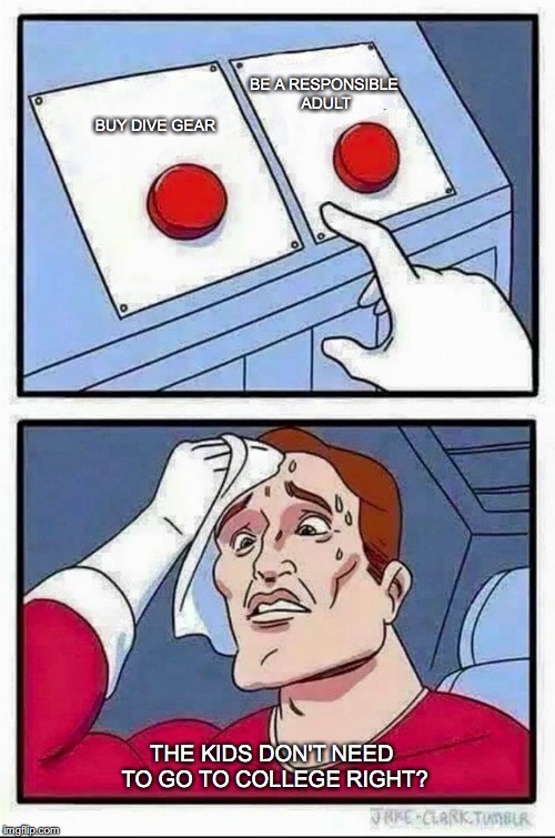 Two Buttons | BE A RESPONSIBLE ADULT; BUY DIVE GEAR; THE KIDS DON'T NEED TO GO TO COLLEGE RIGHT? | image tagged in hard choice to make | made w/ Imgflip meme maker