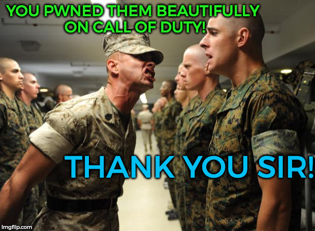 drill sergeant | YOU PWNED THEM BEAUTIFULLY ON CALL OF DUTY! THANK YOU SIR! | image tagged in drill sergeant | made w/ Imgflip meme maker