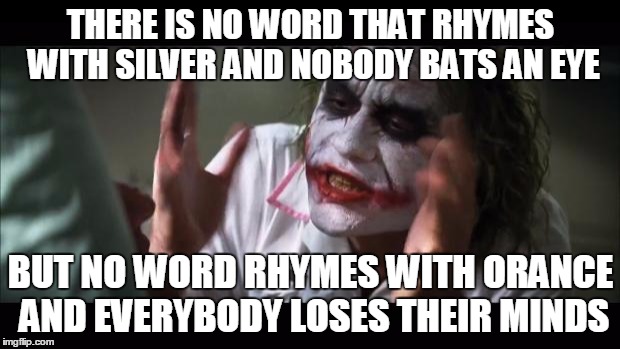 And everybody loses their minds Meme | THERE IS NO WORD THAT RHYMES WITH SILVER AND NOBODY BATS AN EYE BUT NO WORD RHYMES WITH ORANCE AND EVERYBODY LOSES THEIR MINDS | image tagged in memes,and everybody loses their minds | made w/ Imgflip meme maker