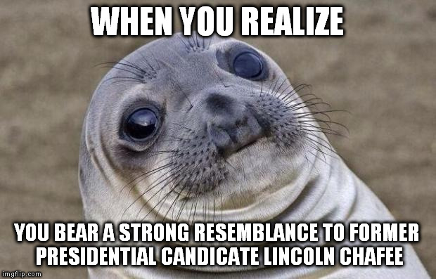 Awkward Moment Sealion Meme | WHEN YOU REALIZE YOU BEAR A STRONG RESEMBLANCE TO FORMER PRESIDENTIAL CANDICATE LINCOLN CHAFEE | image tagged in memes,awkward moment sealion | made w/ Imgflip meme maker