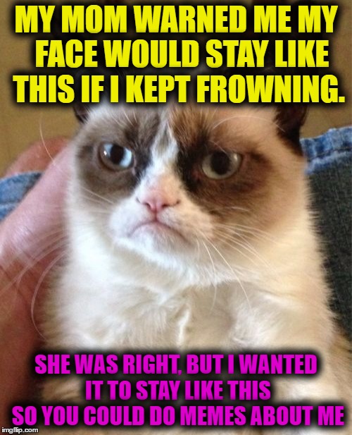 Grumpy Cat Meme | MY MOM WARNED ME MY  FACE WOULD STAY LIKE THIS IF I KEPT FROWNING. SHE WAS RIGHT, BUT I WANTED IT TO STAY LIKE THIS SO YOU COULD DO MEMES ABOUT ME | image tagged in memes,grumpy cat | made w/ Imgflip meme maker