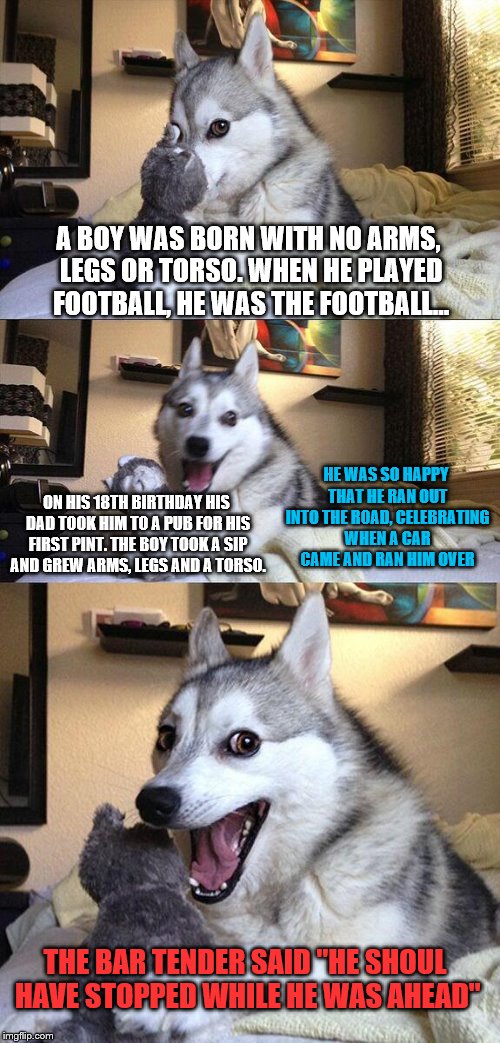 Bad Pun Dog Meme | A BOY WAS BORN WITH NO ARMS, LEGS OR TORSO. WHEN HE PLAYED FOOTBALL, HE WAS THE FOOTBALL... HE WAS SO HAPPY THAT HE RAN OUT INTO THE ROAD, CELEBRATING WHEN A CAR CAME AND RAN HIM OVER; ON HIS 18TH BIRTHDAY HIS DAD TOOK HIM TO A PUB FOR HIS FIRST PINT. THE BOY TOOK A SIP AND GREW ARMS, LEGS AND A TORSO. THE BAR TENDER SAID "HE SHOUL HAVE STOPPED WHILE HE WAS AHEAD" | image tagged in memes,bad pun dog | made w/ Imgflip meme maker