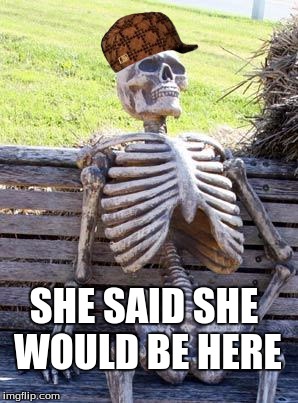 Waiting Skeleton Meme | SHE SAID SHE WOULD BE HERE | image tagged in memes,waiting skeleton,scumbag | made w/ Imgflip meme maker