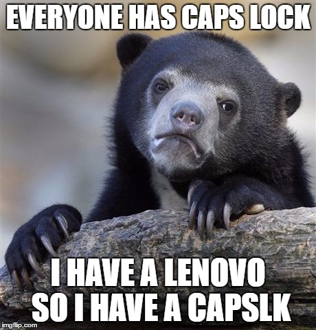 Confession Bear Meme | EVERYONE HAS CAPS LOCK; I HAVE A LENOVO SO I HAVE A CAPSLK | image tagged in memes,confession bear | made w/ Imgflip meme maker