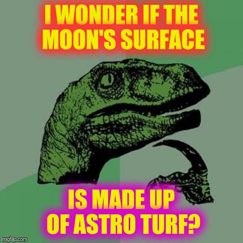 Probably naut! | I WONDER IF THE MOON'S SURFACE; IS MADE UP OF ASTRO TURF? | image tagged in memes,philosoraptor | made w/ Imgflip meme maker