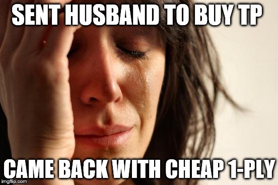 First world female problems | SENT HUSBAND TO BUY TP; CAME BACK WITH CHEAP 1-PLY | image tagged in memes,first world problems,toilet paper,one,ply,cheap | made w/ Imgflip meme maker