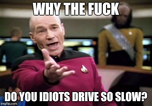 Picard Wtf Meme | WHY THE FUCK; DO YOU IDIOTS DRIVE SO SLOW? | image tagged in memes,picard wtf | made w/ Imgflip meme maker