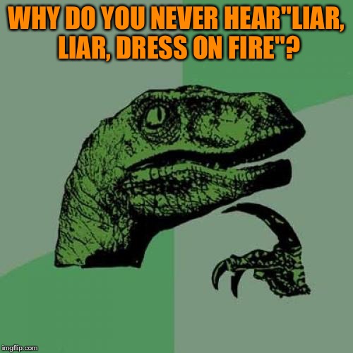 Philosoraptor | WHY DO YOU NEVER HEAR"LIAR, LIAR, DRESS ON FIRE"? | image tagged in memes,philosoraptor | made w/ Imgflip meme maker