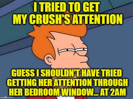 Futurama Fry | I TRIED TO GET MY CRUSH'S ATTENTION; GUESS I SHOULDN'T HAVE TRIED GETTING HER ATTENTION THROUGH HER BEDROOM WINDOW... AT 2AM | image tagged in memes,futurama fry | made w/ Imgflip meme maker