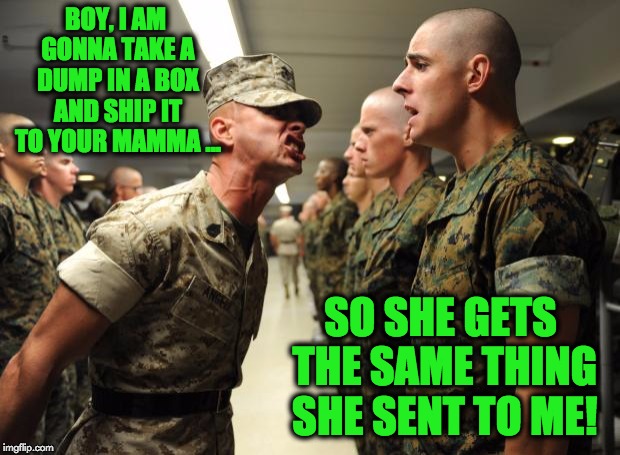 drill sergeant | BOY, I AM GONNA TAKE A DUMP IN A BOX AND SHIP IT TO YOUR MAMMA ... SO SHE GETS THE SAME THING SHE SENT TO ME! | image tagged in drill sergeant | made w/ Imgflip meme maker