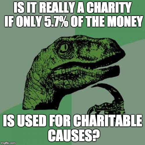 The Clinton "Charitable" Foundation sent just 5% of the $91.2 million it collected in 2014 to charitable causes...and the rest? | IS IT REALLY A CHARITY IF ONLY 5.7% OF THE MONEY; IS USED FOR CHARITABLE CAUSES? | image tagged in memes,philosoraptor,clinton foundation,clinton cash,scam artists | made w/ Imgflip meme maker