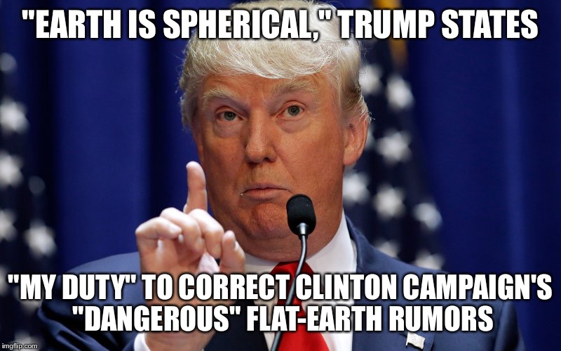 Donald Trump | "EARTH IS SPHERICAL," TRUMP STATES; "MY DUTY" TO CORRECT CLINTON CAMPAIGN'S "DANGEROUS" FLAT-EARTH RUMORS | image tagged in donald trump | made w/ Imgflip meme maker