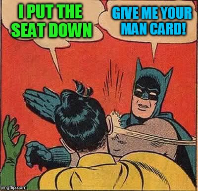 Batman Slapping Robin Meme | I PUT THE SEAT DOWN GIVE ME YOUR MAN CARD! | image tagged in memes,batman slapping robin | made w/ Imgflip meme maker