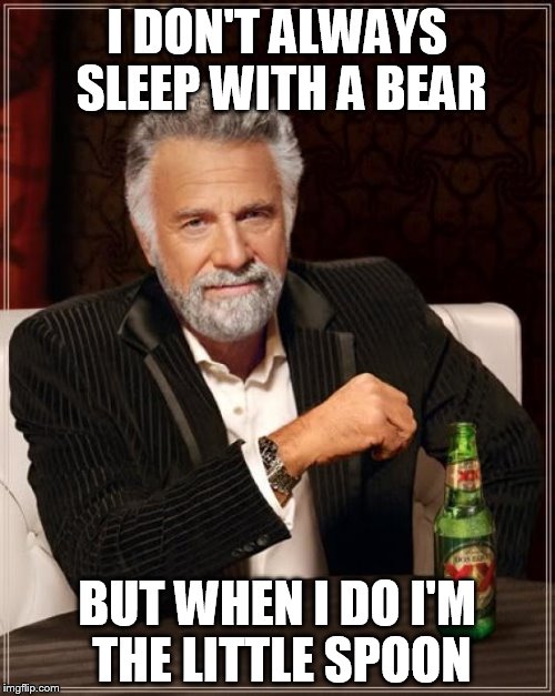 The Most Interesting Man In The World Meme | I DON'T ALWAYS SLEEP WITH A BEAR BUT WHEN I DO I'M THE LITTLE SPOON | image tagged in memes,the most interesting man in the world | made w/ Imgflip meme maker
