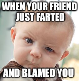 Skeptical Baby Meme | WHEN YOUR FRIEND JUST FARTED; AND BLAMED YOU | image tagged in memes,skeptical baby | made w/ Imgflip meme maker