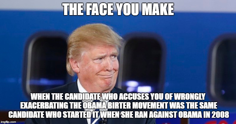 the Real Originator of the Obama Birther Movement | THE FACE YOU MAKE; WHEN THE CANDIDATE WHO ACCUSES YOU OF WRONGLY EXACERBATING THE OBAMA BIRTER MOVEMENT WAS THE SAME CANDIDATE WHO STARTED IT WHEN SHE RAN AGAINST OBAMA IN 2008 | image tagged in donald trump,hillary clinton,memes,political meme | made w/ Imgflip meme maker