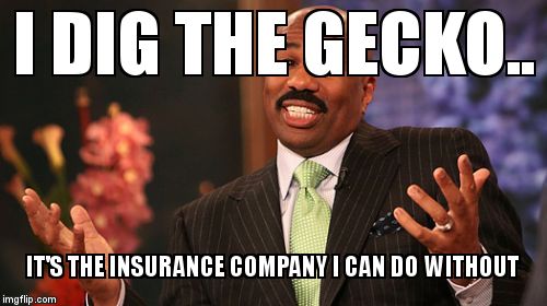 Steve Harvey Meme | I DIG THE GECKO.. IT'S THE INSURANCE COMPANY I CAN DO WITHOUT | image tagged in memes,steve harvey | made w/ Imgflip meme maker