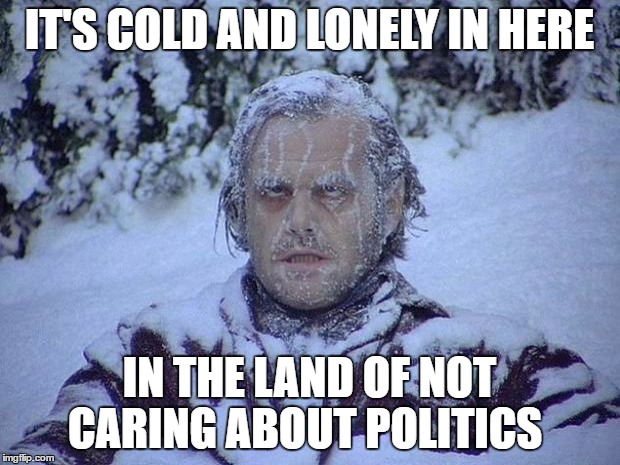 Oh how I dislike politics  | IT'S COLD AND LONELY IN HERE; IN THE LAND OF NOT CARING ABOUT POLITICS | image tagged in memes,jack nicholson the shining snow,politics,trump,hillary clinton,relaxing | made w/ Imgflip meme maker