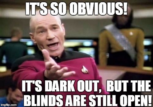 Picard Wtf Meme | IT'S SO OBVIOUS! IT'S DARK OUT,  BUT THE BLINDS ARE STILL OPEN! | image tagged in memes,picard wtf | made w/ Imgflip meme maker